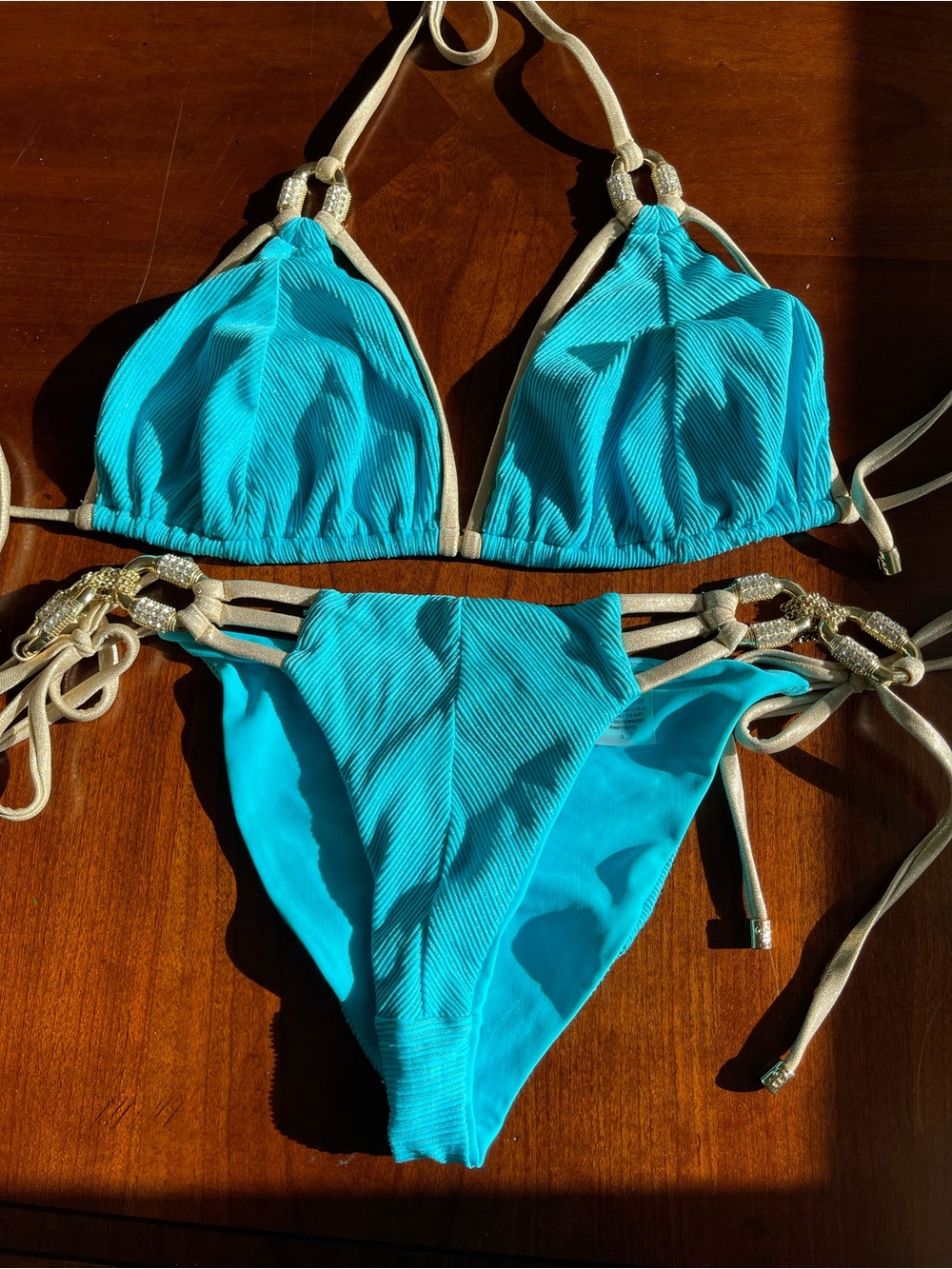 ON RESERVE: Beach Bunny Turquoise Bikini with gold hardware and Straps DD/L se - Picture 10 of 12